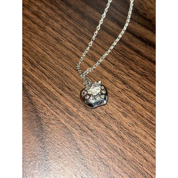 E Necklace silver-toned crystal-embellished apple pendant E New In Box - Picture 4 of 7